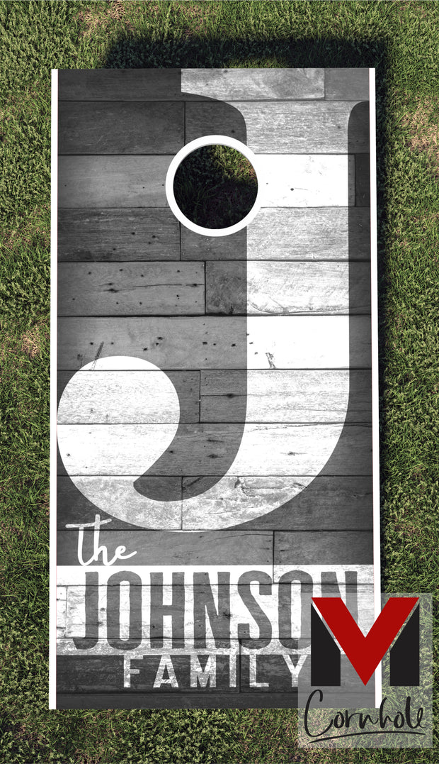 Family Name Black and White Wood Cornhole Board Skin