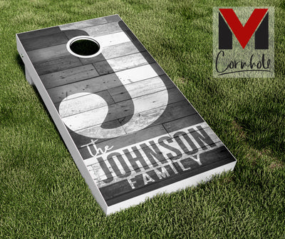 Family Name Black and White Wood Cornhole Board Skin