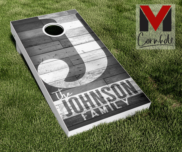 Family Name Black and White Wood Cornhole Board Skin