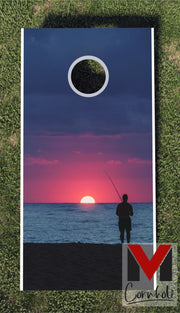 Fishing at Sunset Cornhole Board Skin