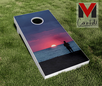 Fishing at Sunset Cornhole Board Skin