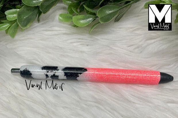 Coral/White Cow Spots Glitter Pen