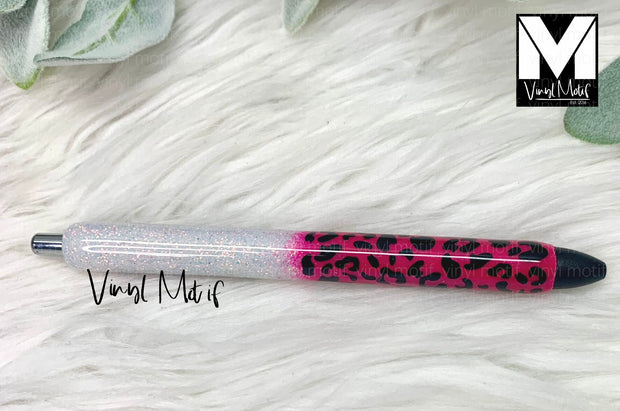 Raspberry/White Leopard Glitter Pen